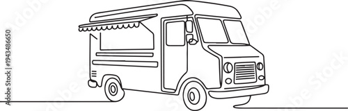 Continuous one line drawing Food trucks. Restaurant on wheels. Vans for street food selling. Car concept. one line Icon drawing