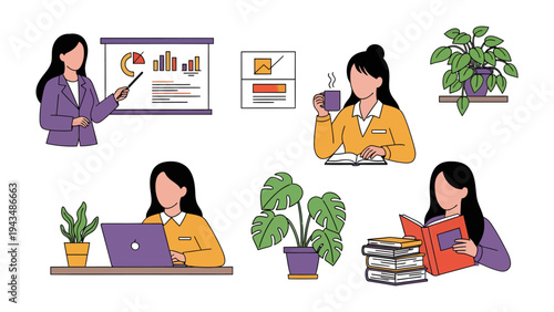 Businesswoman's Day: A illustration of a businesswoman engages in various professional activities, from presentations to focused work, surrounded by vibrant greenery.