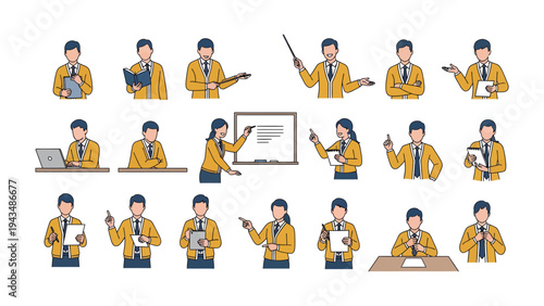 Business Presentation Dynamics: A series of illustrations capturing diverse business professionals in action, presenting and interacting within a corporate setting.