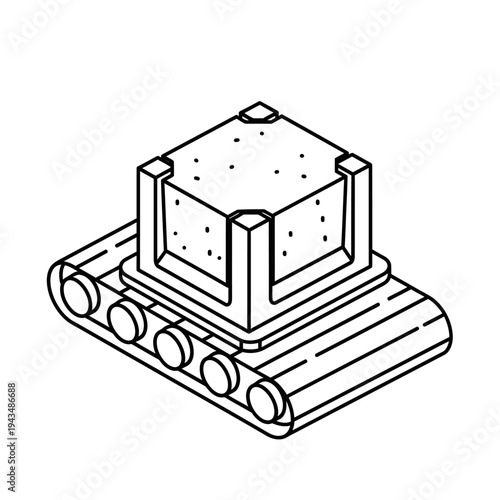 Isometric line art drawing of a square block or package moving on a conveyor belt, representing industrial production or logistics.