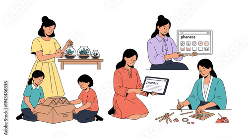 Family Moments: Capturing a variety of family moments. A woman and her children engage in activities together.