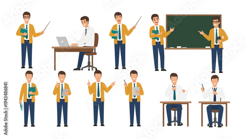 Teacher in various actions: A collection of a teacher in different poses and actions, showcasing the versatility and dynamism of the profession. Ideal for educational materials.