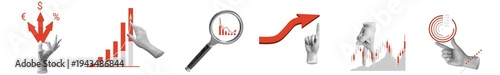Set of hands with financial pie charts, growth symbols, and analytics tools. Business strategy series for market leadership, profit optimization, data-driven success. Photo collage. Part of a series