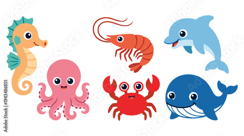 Cartoon sea life characters set with seahorse octopus whale and crab