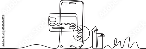 Continuous one line drawing mobile banking payment. Business activity concept in market. Single line draw design vector graphic illustration. one line Icon drawing