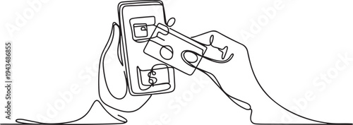 Continuous one line drawing mobile banking payment. Business activity concept in market. Single line draw design vector graphic illustration. one line Icon drawing