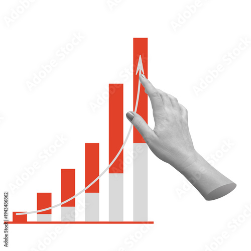 Hand pointing to rising bar chart, symbolizing data-driven growth and revenue increase. Business analytics concept for competitive market leadership. Minimalist art collage. Part of series