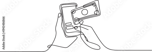 Continuous one line drawing mobile banking payment. Business activity concept in market. Single line draw design vector graphic illustration. one line Icon drawing