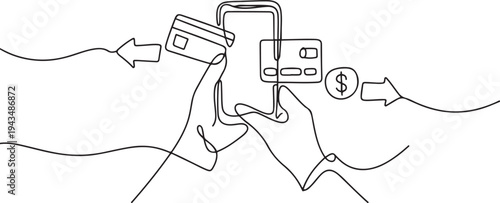 Continuous one line drawing mobile banking payment. Business activity concept in market. Single line draw design vector graphic illustration. one line Icon drawing