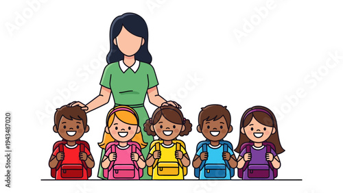 Teacher and Students: A caring teacher stands amidst a vibrant group of young pupils. the joyful scene emphasizes education and connection. A celebration of learning and companionship. 