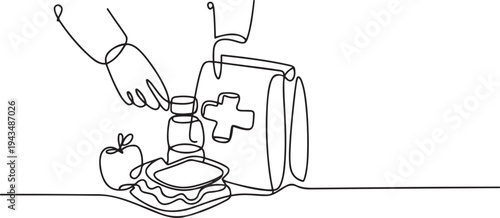 Single one line drawing always prepare lunch bag from home. Healthcare at school concept. Continuous line draw design graphic vector. one line Icon drawing