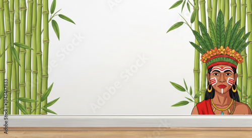 Bamboo borders with a cartoon Indian girl positioned on the right side of the screen, painted face and flowered head on a white wall background, wallpaper design.