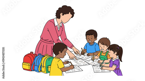 Learning Together: A teacher guides a group of enthusiastic young students in a classroom setting, emphasizing the power of education.