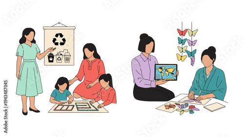 Education and the Arts: A collage of educators engaging in educational and creative activities, promoting environmental awareness, and artistic expression.