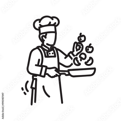 Illustration of a chef tossing food in a pan, symbolizing culinary arts and professional cooking