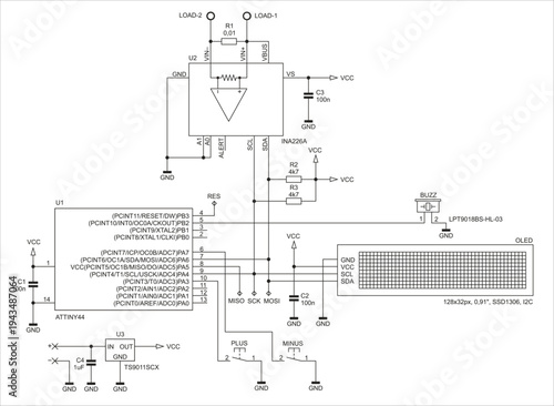 Schematic diagram of electronic device on white paper sheet. Vector drawing electrical circuit with led display, integrated circuit, microcontroller, operational amplifier,  capacitor, resistor.