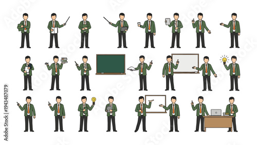 Versatile Business Man in Various Poses: A compilation of a businessman displaying different roles and gestures.  Envisioning leadership, presentation, and teamwork in diverse professional settings. 