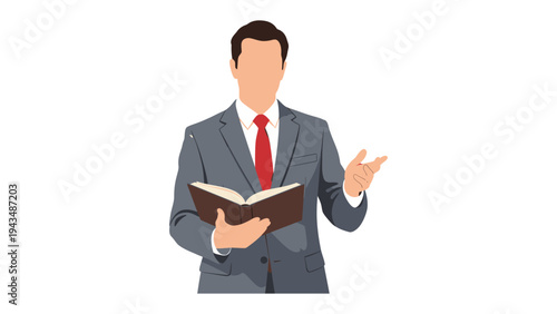 Business Speech Illustration: A well-dressed business professional, holding a book and gesturing with purpose, delivers a speech. Capturing confidence, knowledge, and effective communication.