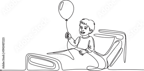 Single one line drawing happy patient kid holding balloon on bed. World cancer day concept. one line Icon drawing