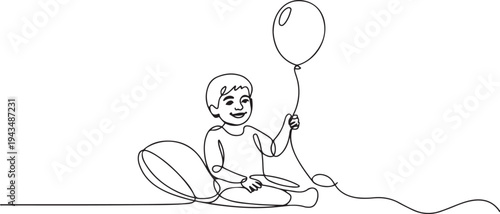 Single one line drawing happy patient kid holding balloon on bed. World cancer day concept. one line Icon drawing