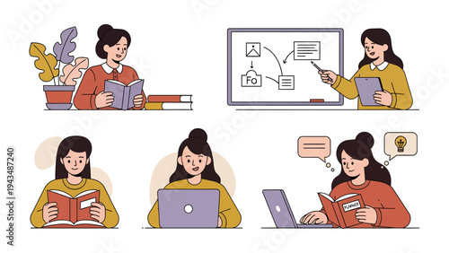 Diverse Learning Moments: An illustration collection, showcasing a woman in different scenarios of education, with elements of books and technology.