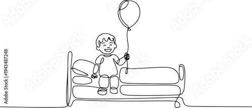 Single one line drawing happy patient kid holding balloon on bed. World cancer day concept. one line Icon drawing