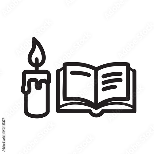 A simple line art illustration depicting a lit candle casting a warm glow next to an open book, symbolizing knowledge, learning, and quiet contemplation