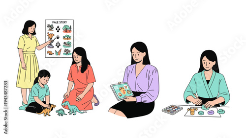 Moments of Learning: A heartwarming illustration shows various activities of a woman teaching a child. This captures the essence of shared moments and the beauty of education.