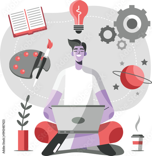 Creative Designer Working on Laptop Flat Vector Illustration – Graphic Design, Creativity and Digital Art Concept