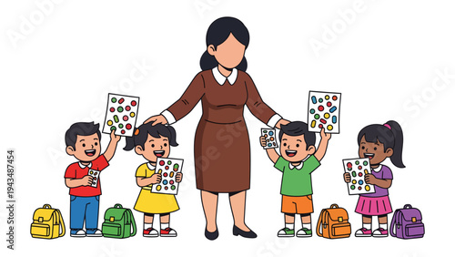 Learning with a Guide: A dedicated educator guides a group of enthusiastic young children in a vibrant learning environment, fostering growth and curiosity.