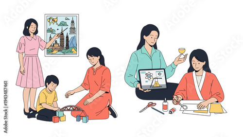 Creative Moments: A vibrant depiction of moments of learning, nurturing, and exploring that reflect the core values of education and personal growth. 