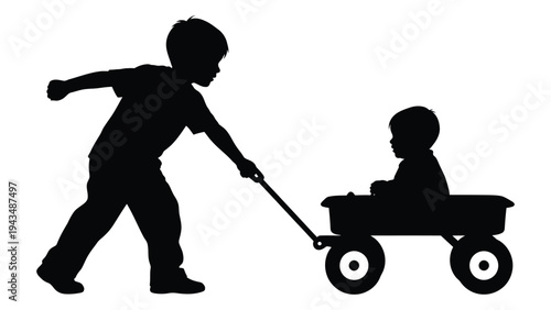 A boy pulling another boy in a wagon