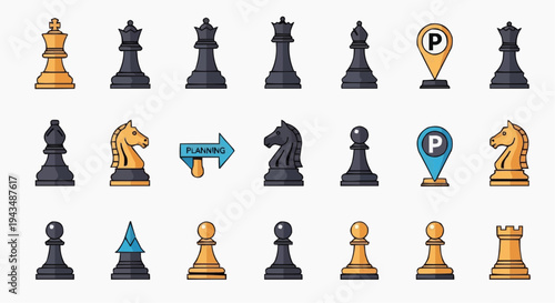 Chess pieces and parking icons arranged in rows, with a mix of colors and designs. The chess pieces include a king, queen, rook, bishop, knight, and pawn.