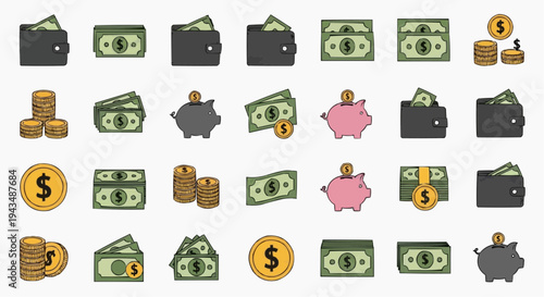 A collection of money-related icons, featuring wallets, banknotes, coins, and piggy banks. These icons are ideal for financial, savings, and investment themes.