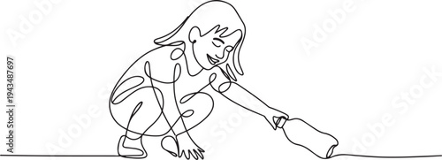 Continuous one line drawing happy girl pick up plastic bottle waste. World environment day concept. one line Icon drawing