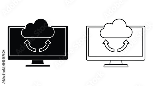 Black and white line icons of computer monitors with cloud and arrows