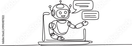 Single one-line drawing robot and bubble chat on a laptop. Chatbot concept continuous line draw design graphic vector illustration. one line Icon drawing