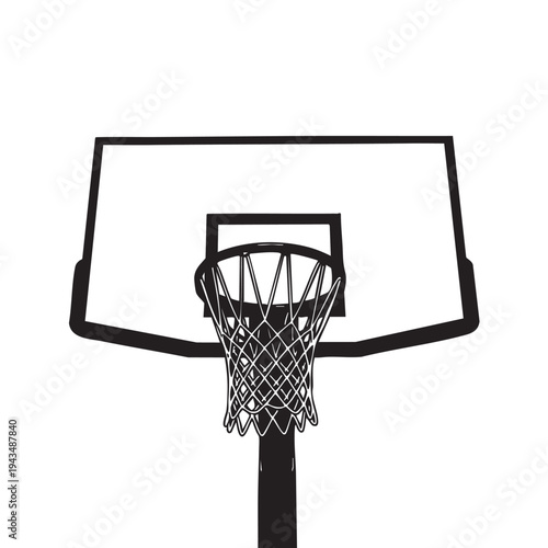 A basketball hoop stands alone against the sky in a clear illustration.