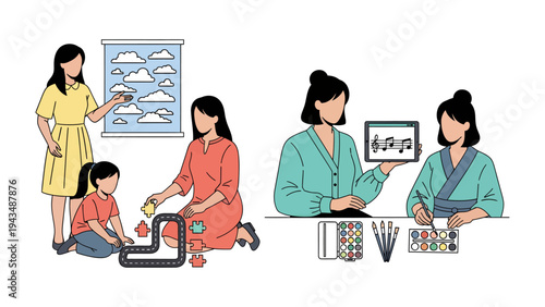 Interactive Learning Scenarios: Educational illustrations of a teacher guiding and supporting child through diverse learning experiences, with focus on different subjects.