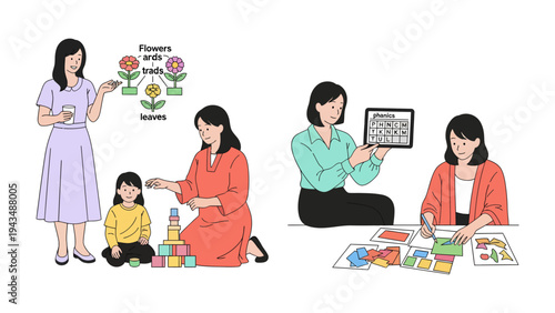 Learning and Growing: A set of scenes depicting the nurturing interaction of a teacher guiding a child in activities that foster learning and development. 