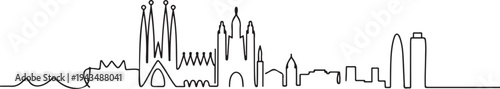 Single one line drawing Barcelona City  skyline, Spain. City concept. Continuous line draw design graphic vector illustration. one line Icon drawing