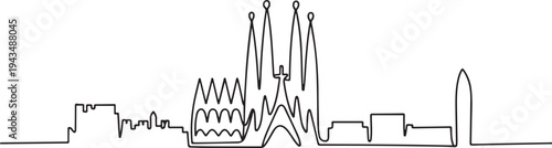 Single one line drawing Barcelona City  skyline, Spain. City concept. Continuous line draw design graphic vector illustration. one line Icon drawing