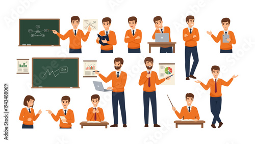 Dynamic Educator's Display: A series of illustrations capturing an educator in various dynamic poses and interactions, showcasing presentations, lectures, and interactive teaching moments.