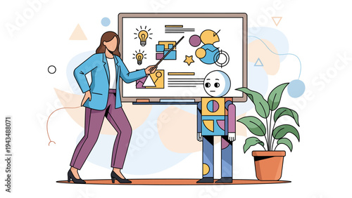 AI Learning and Education: A person demonstrates and explains to an Artificial Intelligence or Robot various concepts of science, technology and learning. The scene is bright and friendly.