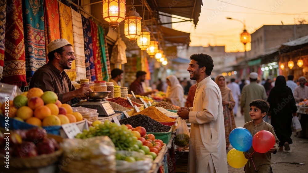 Obraz premium Middle Eastern Market Scene with Fruit Vendor and Shopper, Golden Hour Light