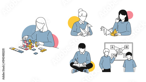 Creative Pursuits and Moments: Individuals immerse themselves in various creative activities, crafting and innovating, capturing moments of focused engagement and artistic expression.