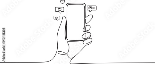 Single one line drawing hand holding smartphone. Social media concept. Continuous line draw design graphic vector illustration. one line Icon drawing