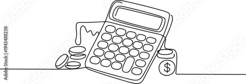 Continuous one line drawing calculator with pen. Budget planning concept. Single line draw design vector graphic illustration. one line Icon drawing