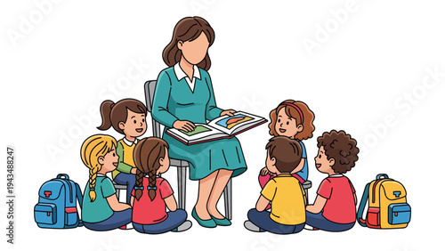 Storytime with the Tutor: A tender tutor engrossed in storytelling captivates a circle of adorable students, promoting a love for reading and sparking their imaginations.