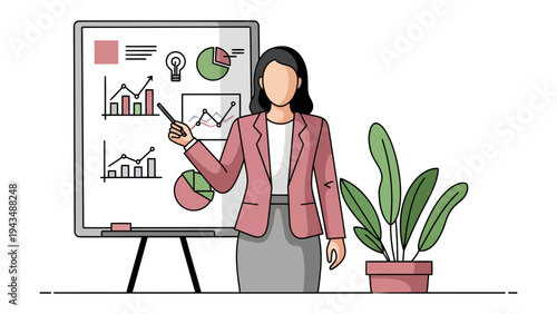 The Dynamic Businesswoman: A confident businesswoman leads a presentation, her focus unwavering as she guides her audience through the intricacies of the data with a clear and concise presentation.